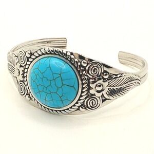Turquoise Color‎ Cabochon Stone Silver-Tone Cuff Bracelet Western